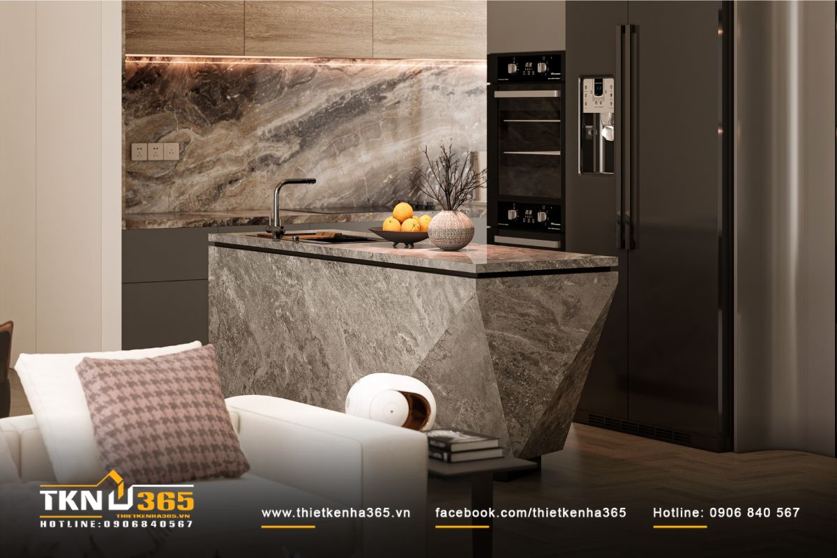 Đảo bếp phủ đá vân mây tự nhiên, đường cắt vát hình khối hiện đại giúp không gian thêm mạnh mẽ và sắc sảo