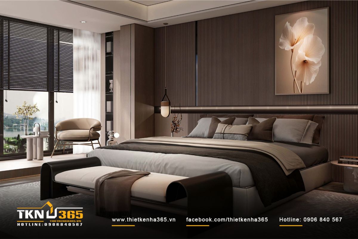 Phòng ngủ master phối màu nâu và be ấm áp, mang đến cảm giác thư giãn và sang trọng