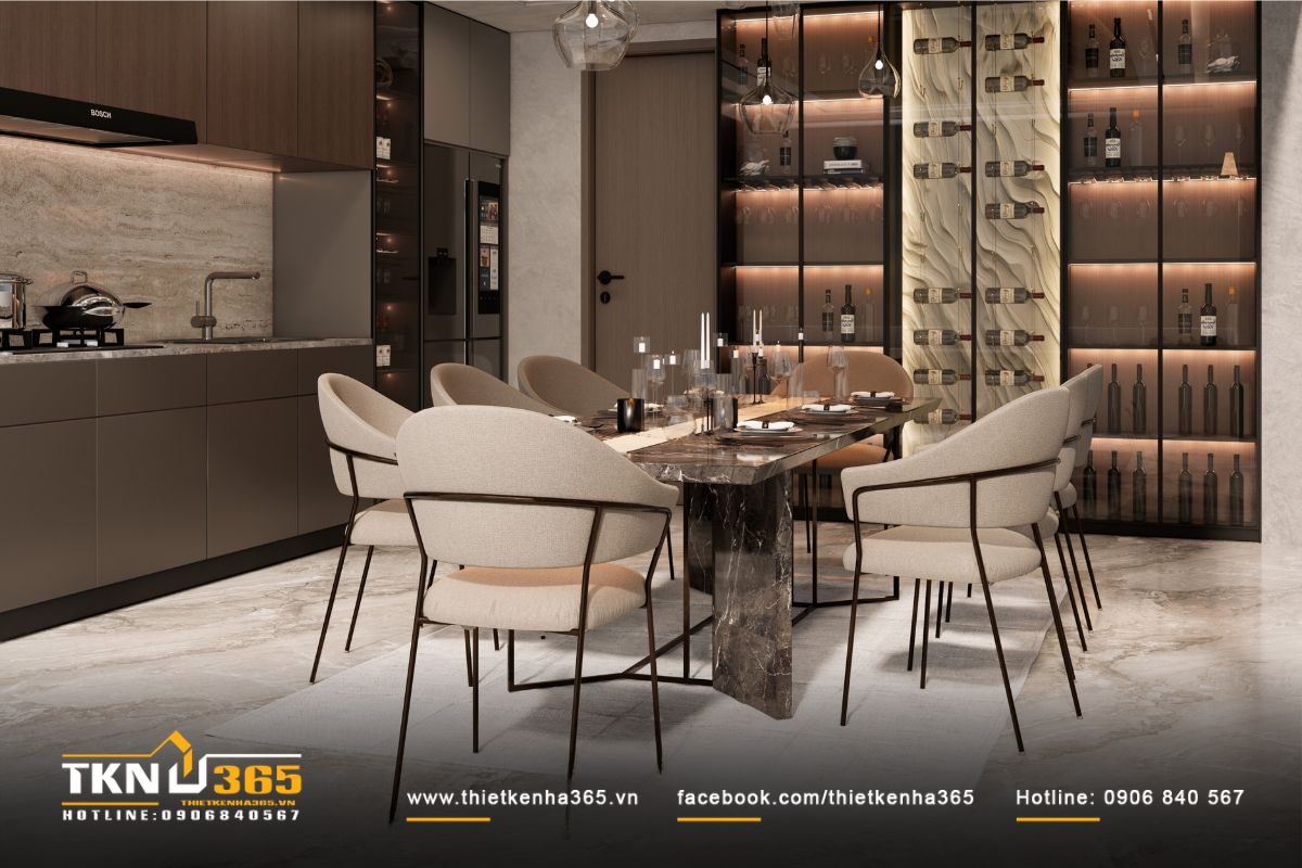 Khu vực ăn phụ kết hợp tủ rượu âm tường cỡ lớn, đây là không gian tiếp khách của gia chủ