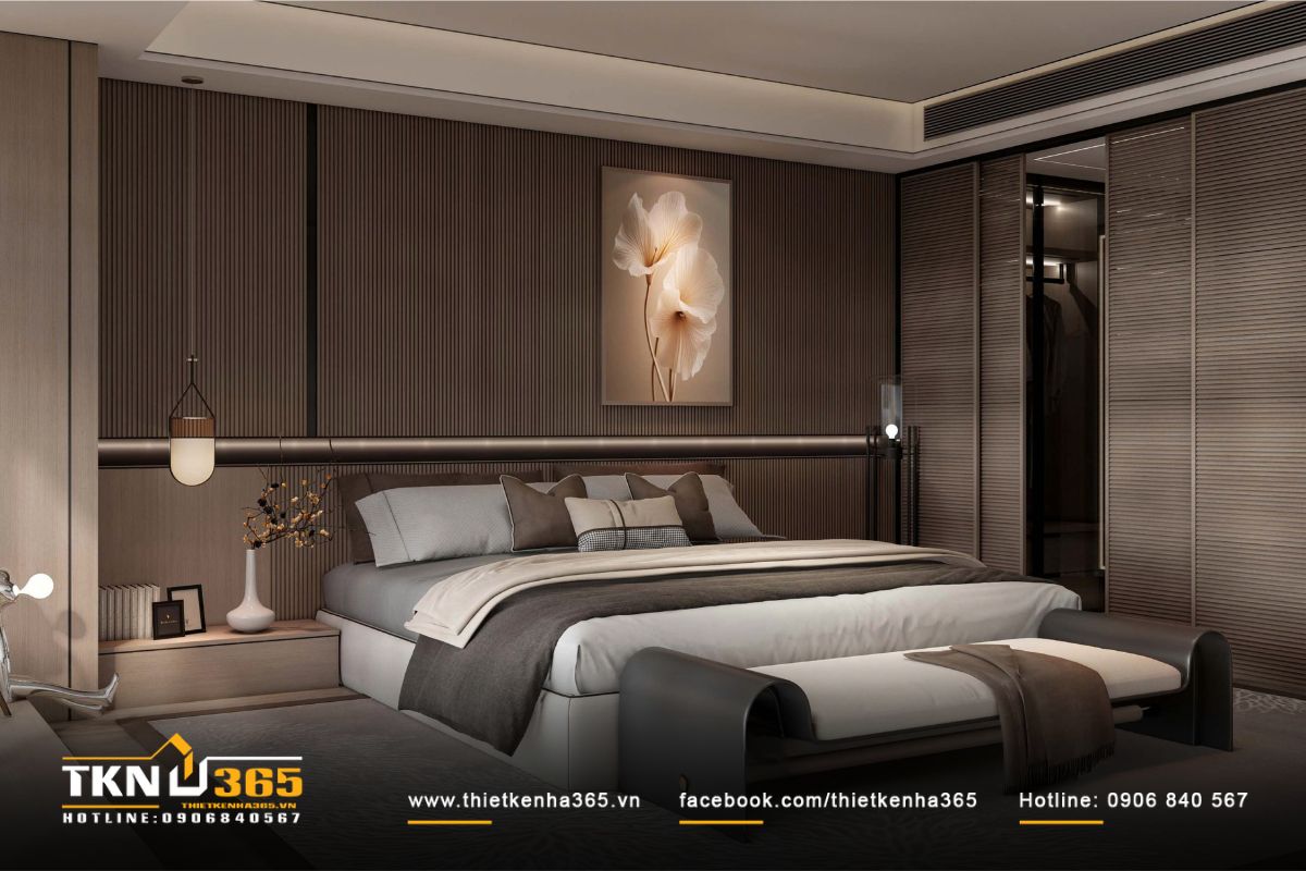 Gia chủ chọn mẫu giường thấp để tối ưu không gian, phù hợp với thiết kế tổng thể