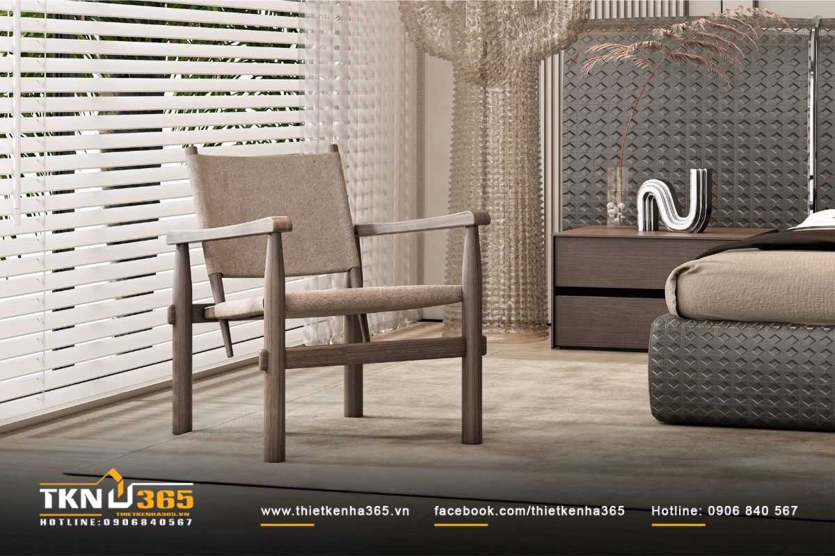 Chiếc ghế gỗ tự nhiên thiết kế tối giản đặt bên cửa sổ để gia chủ ngồi thư giãn thoải mái