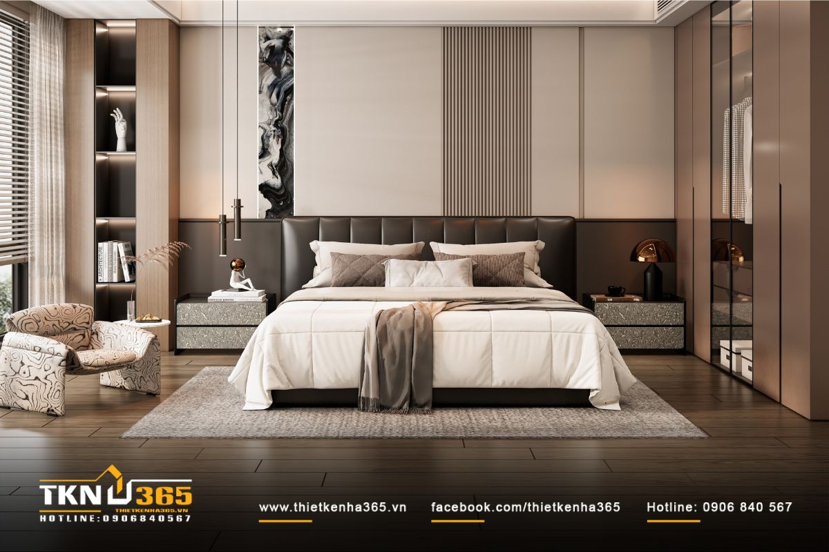 Phòng ngủ trong biệt thự 3 tầng luôn ngập tràn ánh sáng tự nhiên nhờ thiết kế cửa kính lớn và hệ rèm linh hoạt