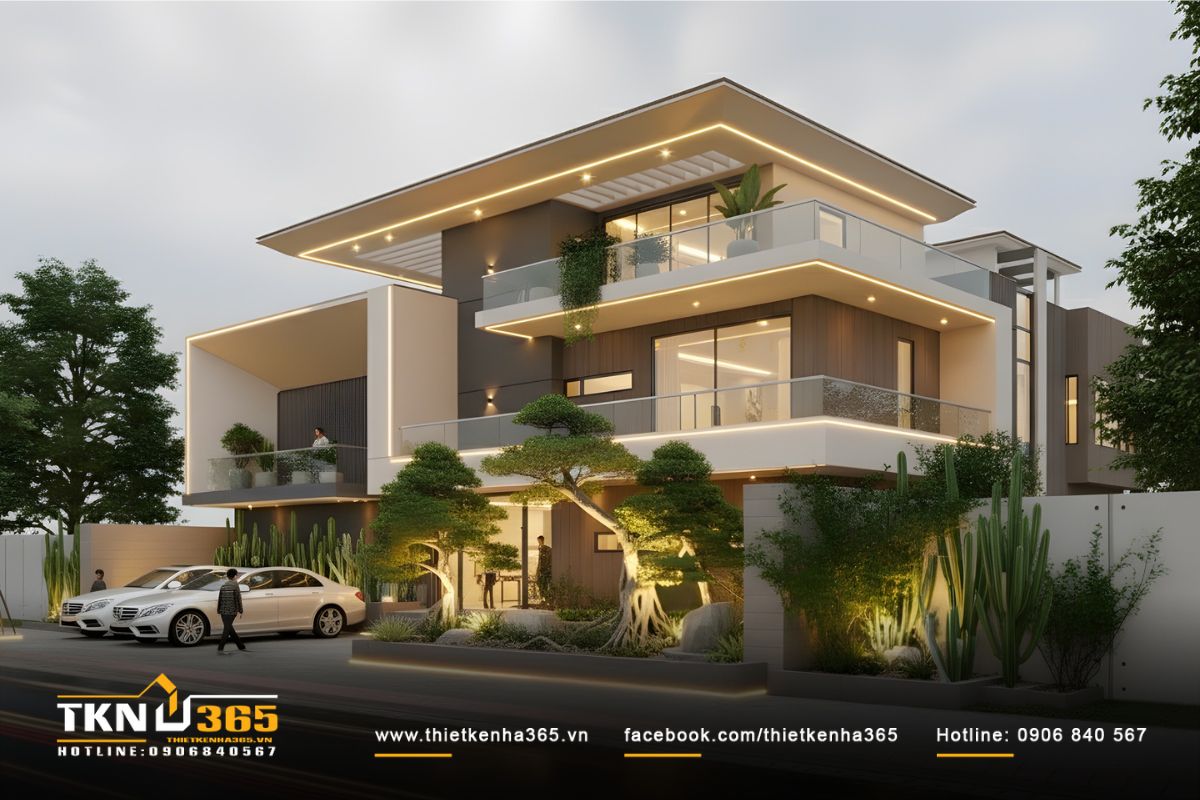 Ban công kết hợp lam che nắng và bồn cây giúp điều hòa khí hậu