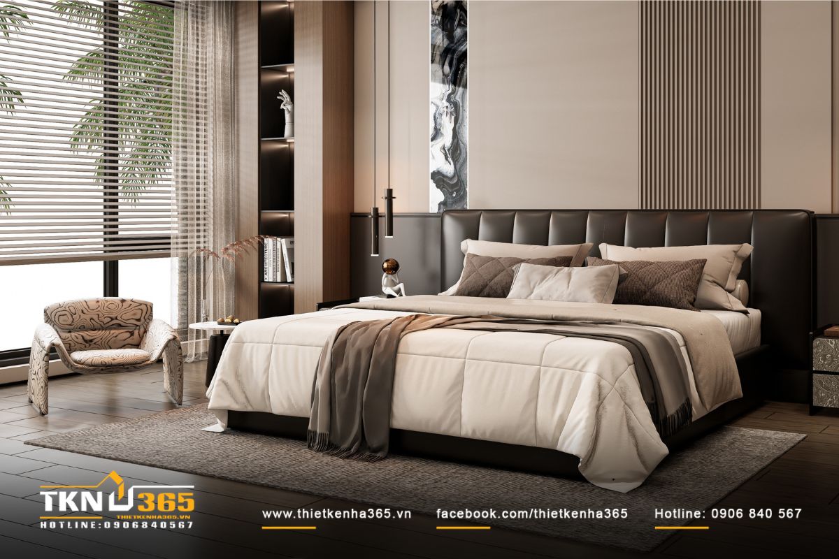 Bảng màu trung tính kết hợp vật liệu nỉ, gỗ và đá đảm bảo không gian nghỉ ngơi cân bằng, thoải mái