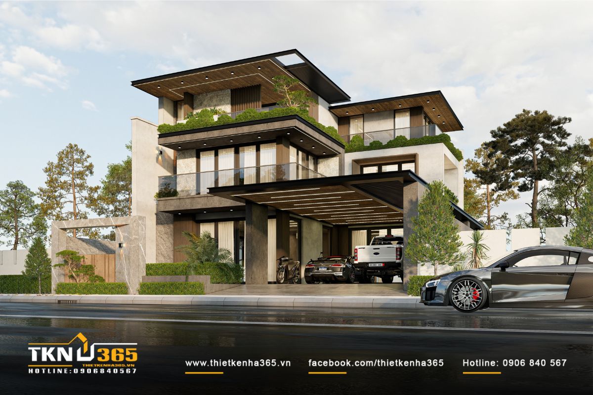 Mái đua bản mảnh cùng gara lệch khối tỉ lệ cân đối, tạo thành khoảng đệm thoáng trước nhà