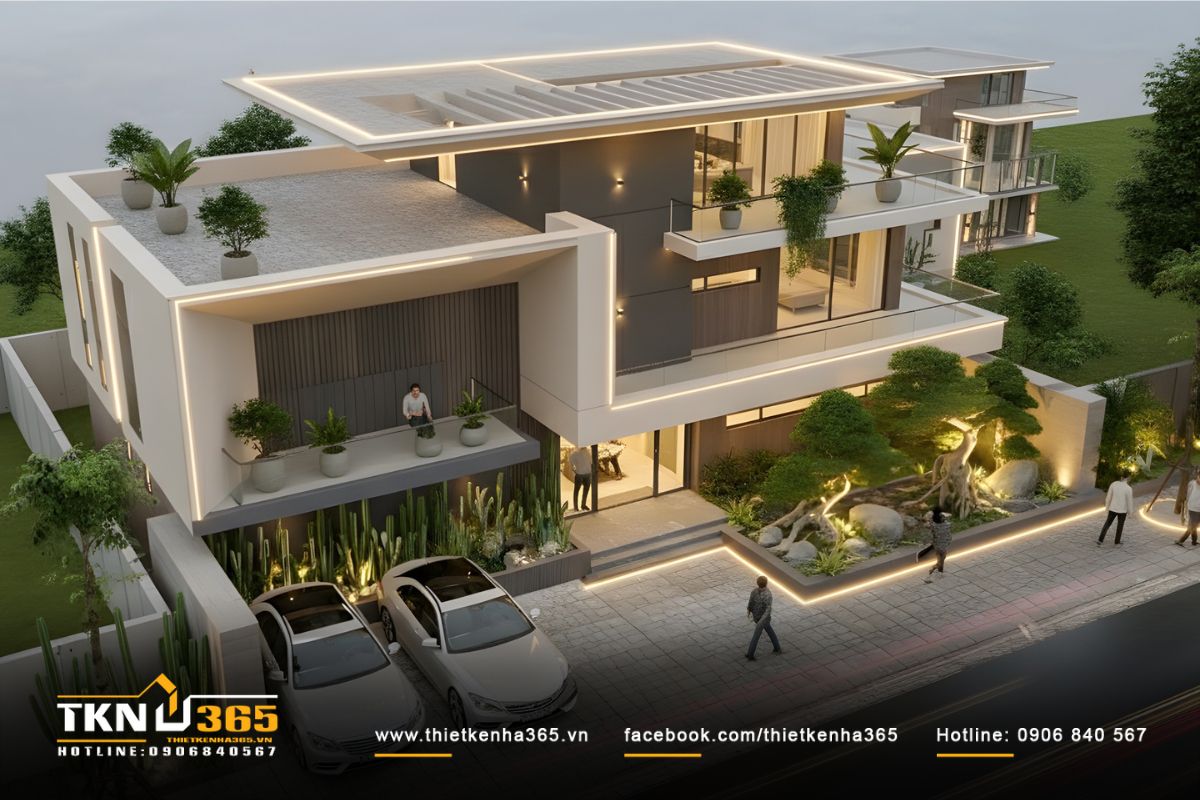 Góc nhìn ban đêm cho thấy kiến trúc và thiên nhiên hòa quyện