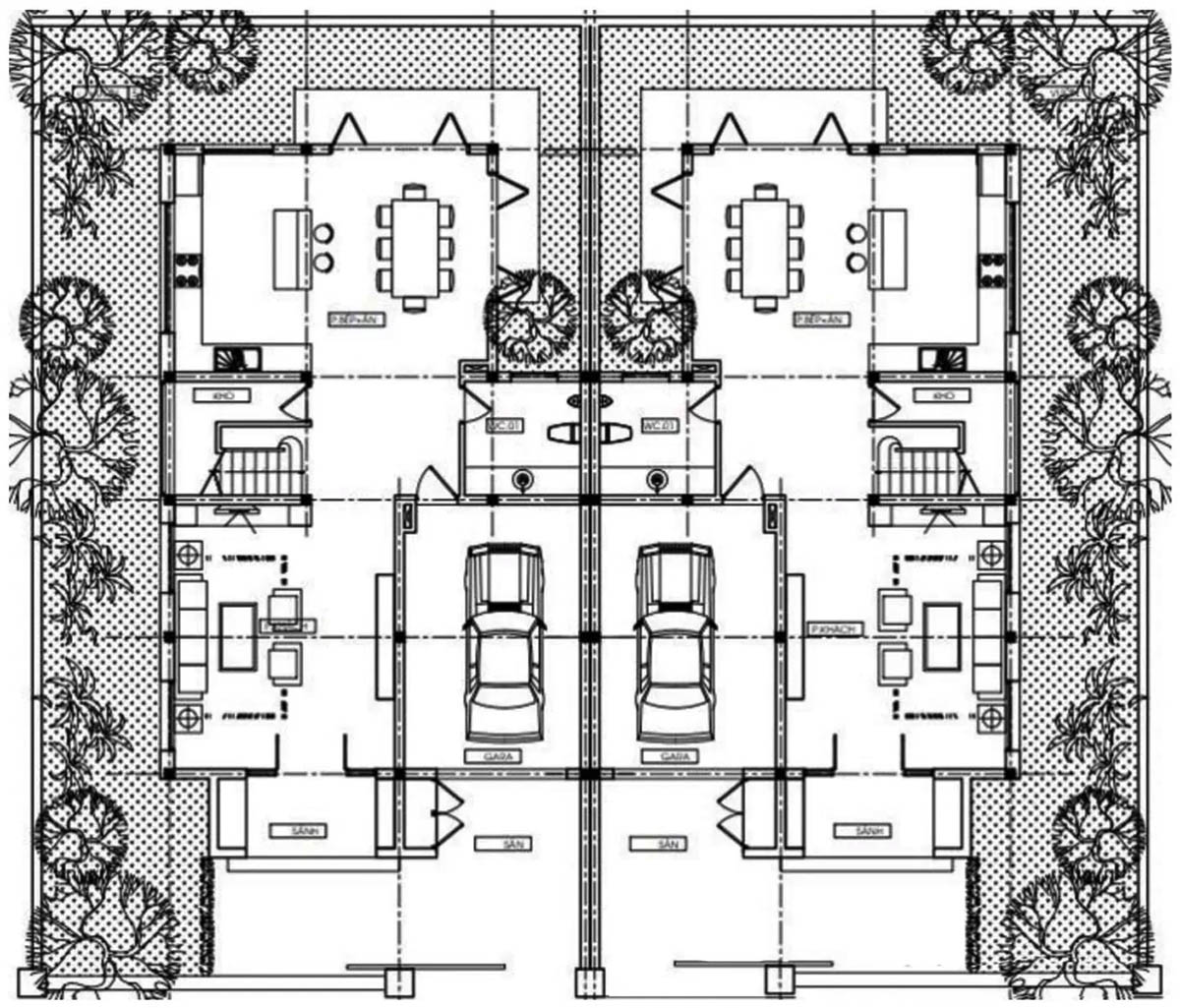 Bản vẽ mẫu biệt thự song lập 2 tầng