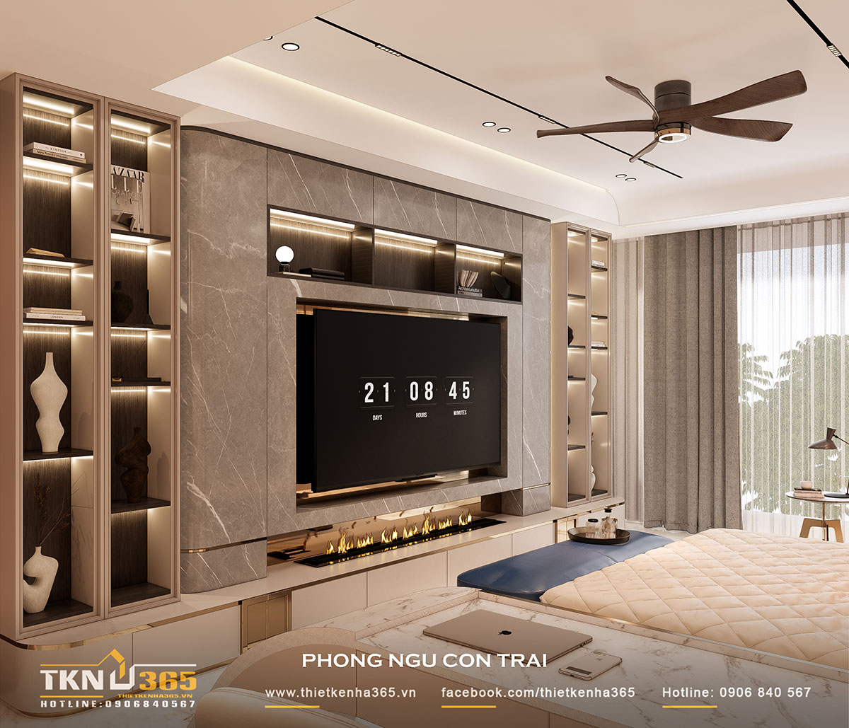 Ánh sáng tự nhiên được tận dụng qua hệ cửa kính rộng mở ra ban công