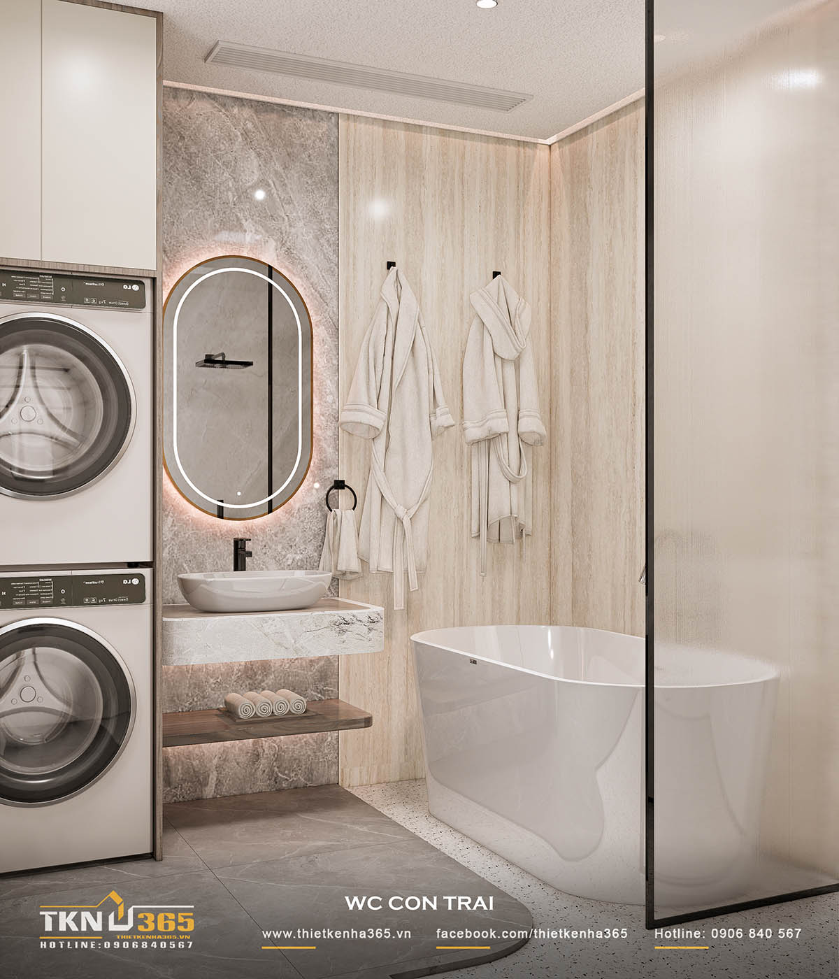 Nhà vệ sinh tiện nghi hiện đại với đầy đủ trang thiết bị, máy giặt sấy riêng, bồn tắm thư giãn.