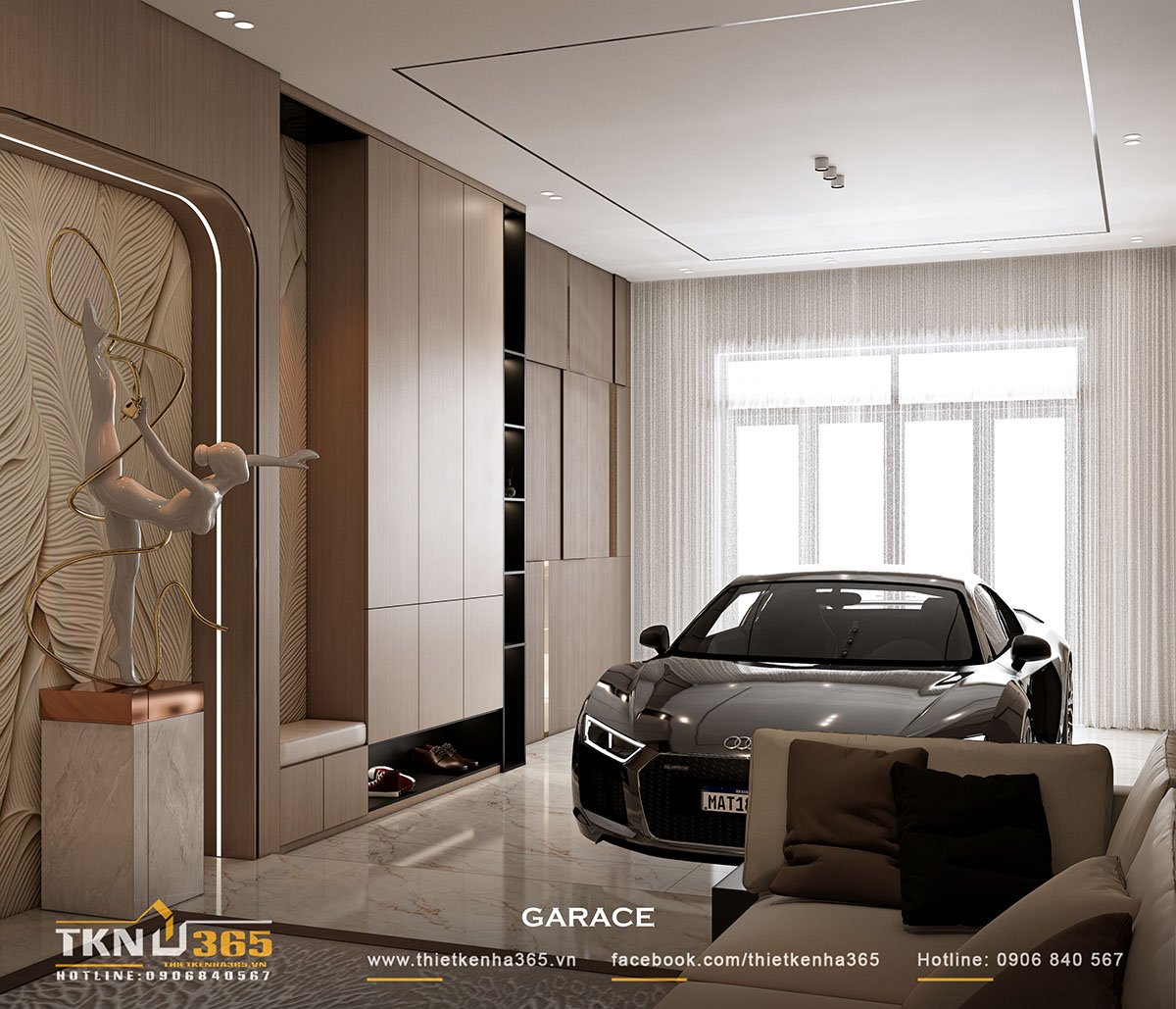 Gara được thiết kế tích hợp tủ trưng bày đồ và kệ giày dép, thuận tiện cho việc sinh hoạt hằng ngày