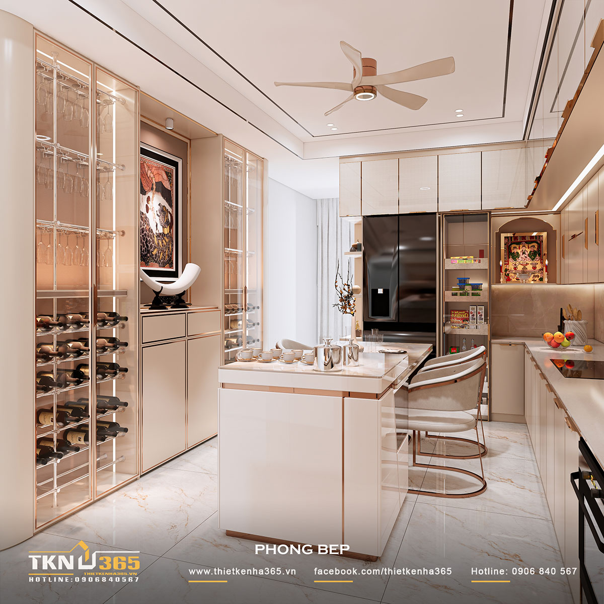 Phòng bếp+ăn sang trọng và tinh tế, được đặt ở tầng trên cùng, trang bị đầy đủ vật dụng, tạo sự tiện nghi cho gia chủ tạo nên những bữa ăn ấm cúng gia đình