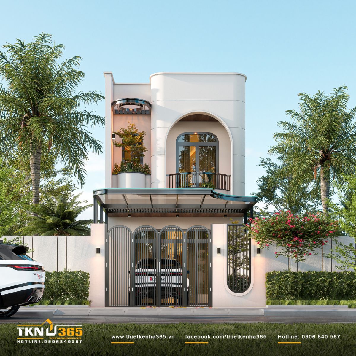 Mặt tiền ngôi nhà thiết kế đường cong mềm mại, tông trắng tinh tế và tỷ lệ hình khối cân đối