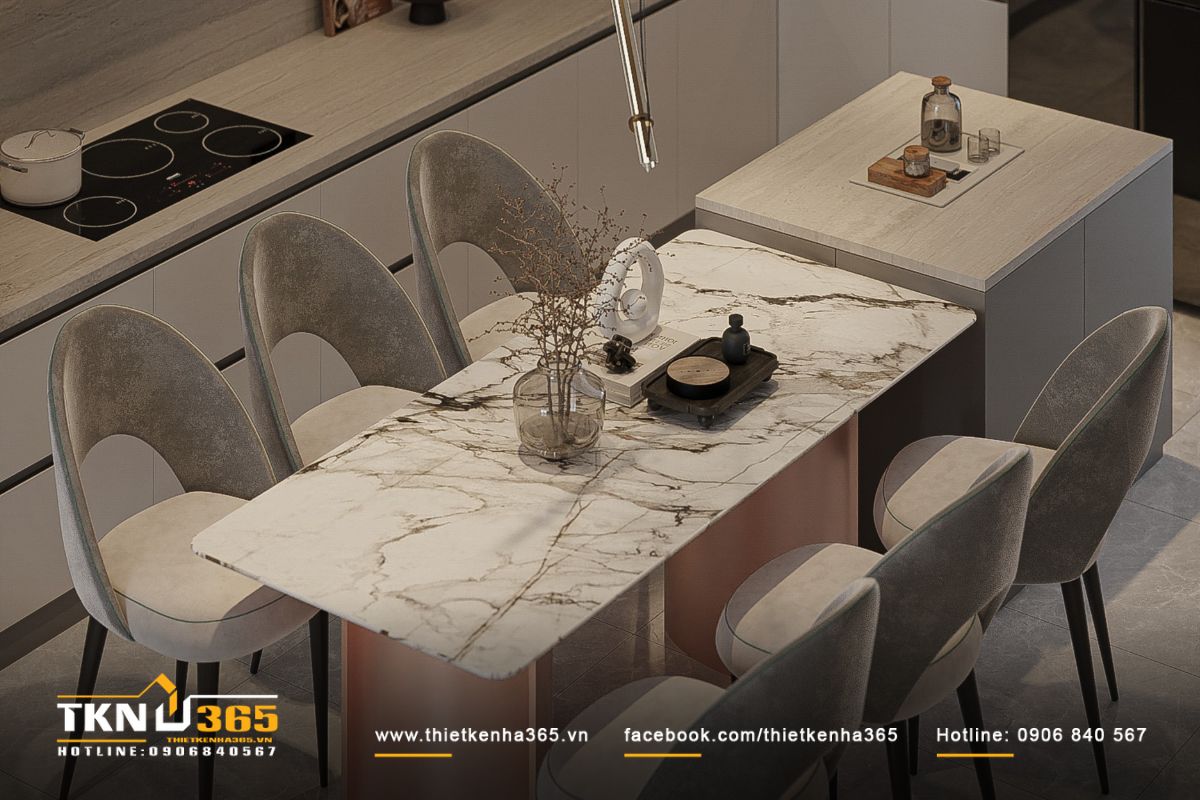 Bàn ăn mặt đá vân mây bo tròn cạnh kết hợp chân kim loại hồng champagne và ghế bọc nỉ êm ái