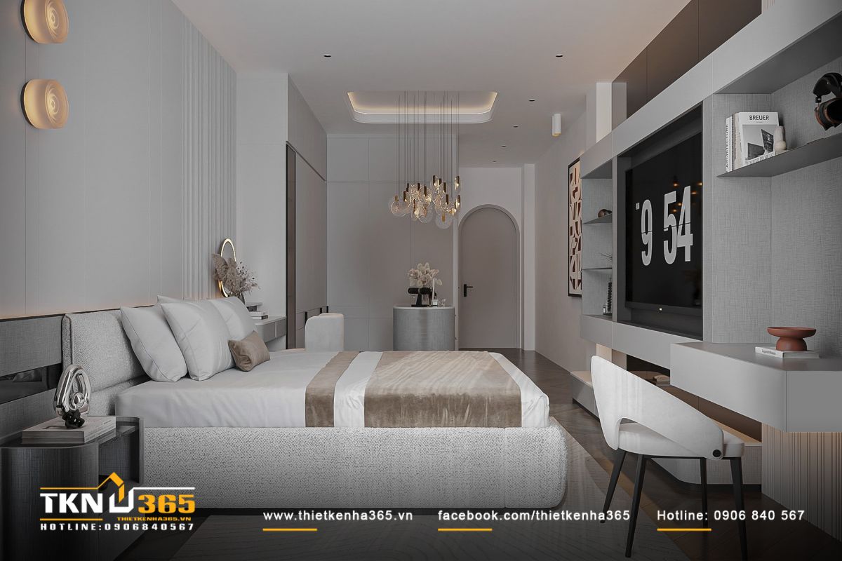 Phòng ngủ master sử dụng bảng màu xám - be chủ đạo