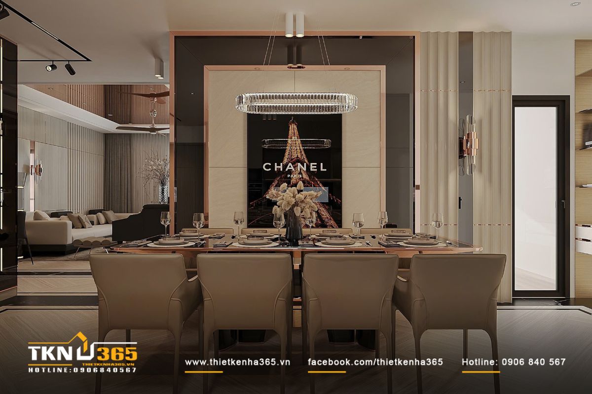 Chiếc bàn ăn hình chữ nhật phủ bóng cùng ghế bọc da tông sáng tạo nên bầu không khí sang trọng