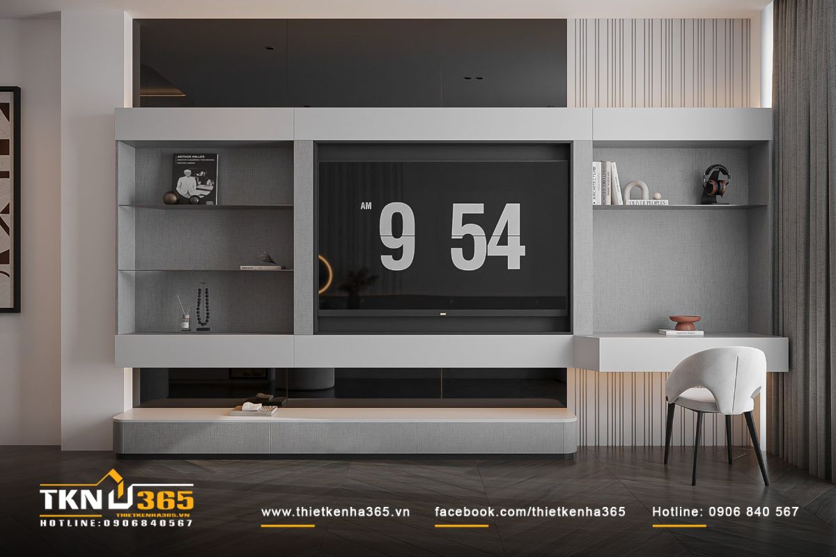 Hệ tủ kệ kết hợp bàn làm việc và tivi thiết kế liền mạch, phủ bề mặt bằng vải dệt màu sắc trung tính