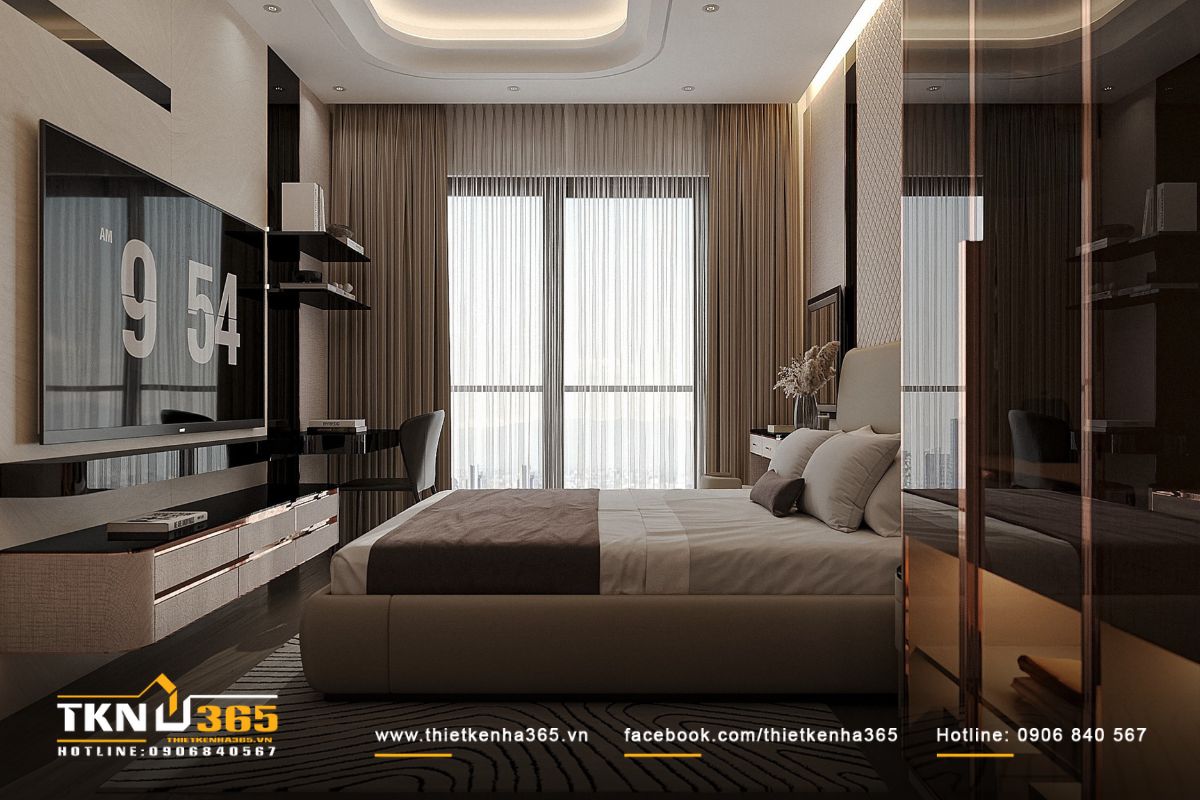 Phòng ngủ đón ánh sáng dịu qua hệ rèm voan hai lớp