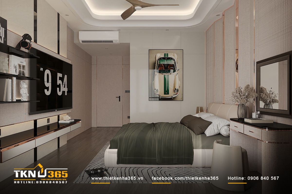 Gam màu nâu và be phối hài hòa cùng mảng tường trang trí ánh kim nhẹ, đem lại cảm giác ấm cúng và thanh lịch