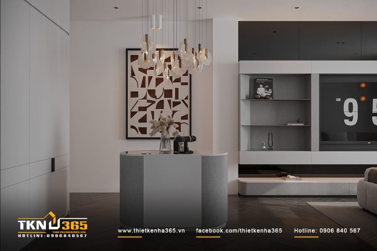 Trần thạch cao kết hợp chùm đèn pha lê tạo nên lớp ánh sáng nhiều tầng, mang lại bầu không khí ấm cúng và hiện đại