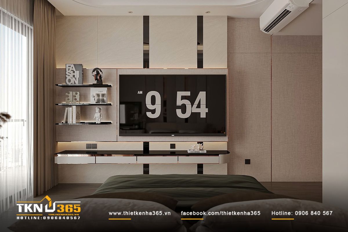 Sự kết hợp giữa gỗ, vải và kính tạo bề mặt chuyển tiếp mềm mại giữa các loại vật liệu