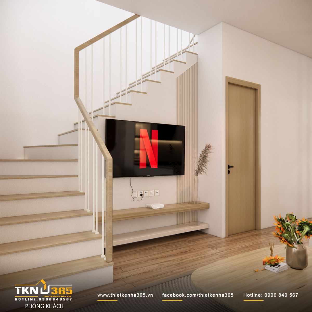 Cầu thang gỗ kết nối tầng trệt và tầng hai, phân chia rõ ràng khu vực sinh hoạt chung và không gian riêng tư