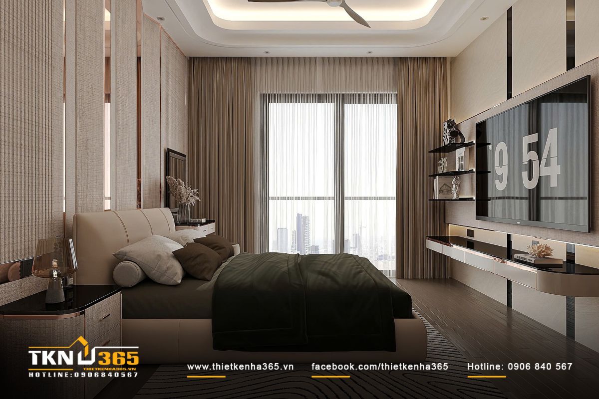 Giường thấp bọc nỉ phối cùng tủ đầu giường nhỏ gọn, gam màu trung tính giúp không gian dễ chịu và gần gũi