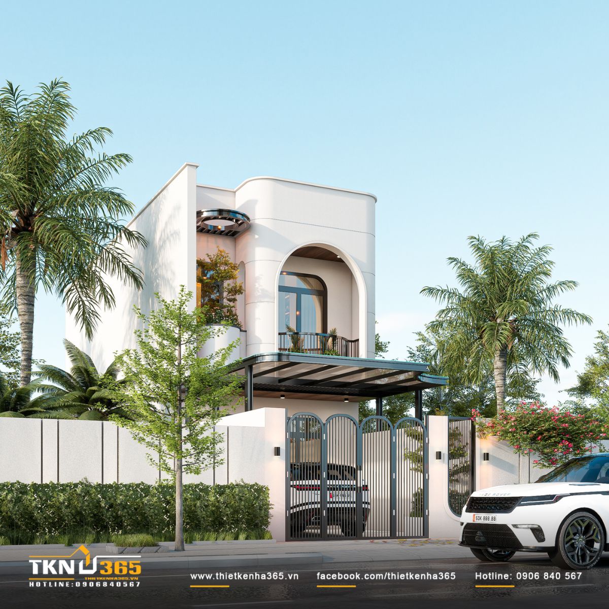 Nhà phố 2 tầng có hệ cửa vòm và lan can sắt sơn tĩnh điện, đảm bảo tính thẩm mỹ cho công trình