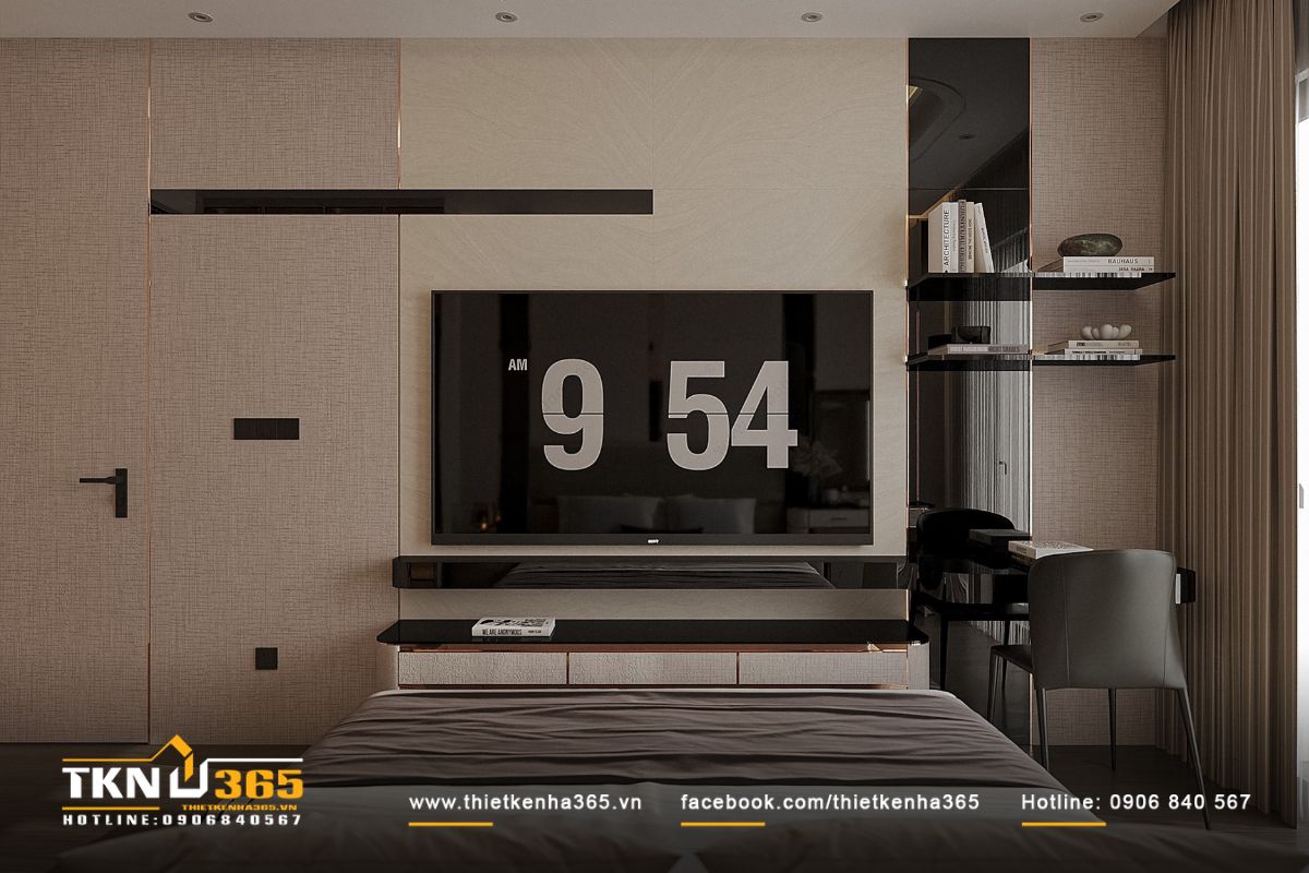 Phòng ngủ phụ vẫn giữ tinh thần thống nhất trong tổng thể, sử dụng vật liệu ấm và ánh sáng vàng nhẹ nhàng