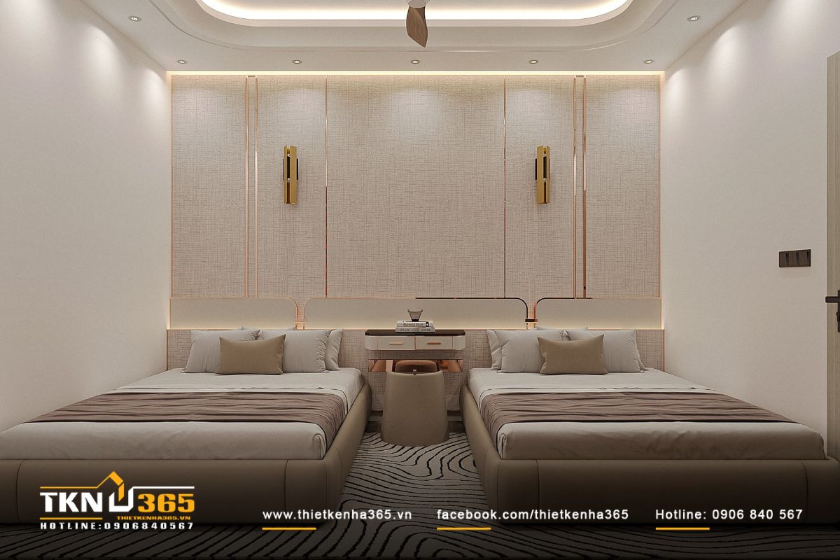 Phòng ngủ phụ khác bố trí hai giường ngủ riêng, đáp ứng nhu cầu nghỉ ngơi của các thành viên trong gia đình