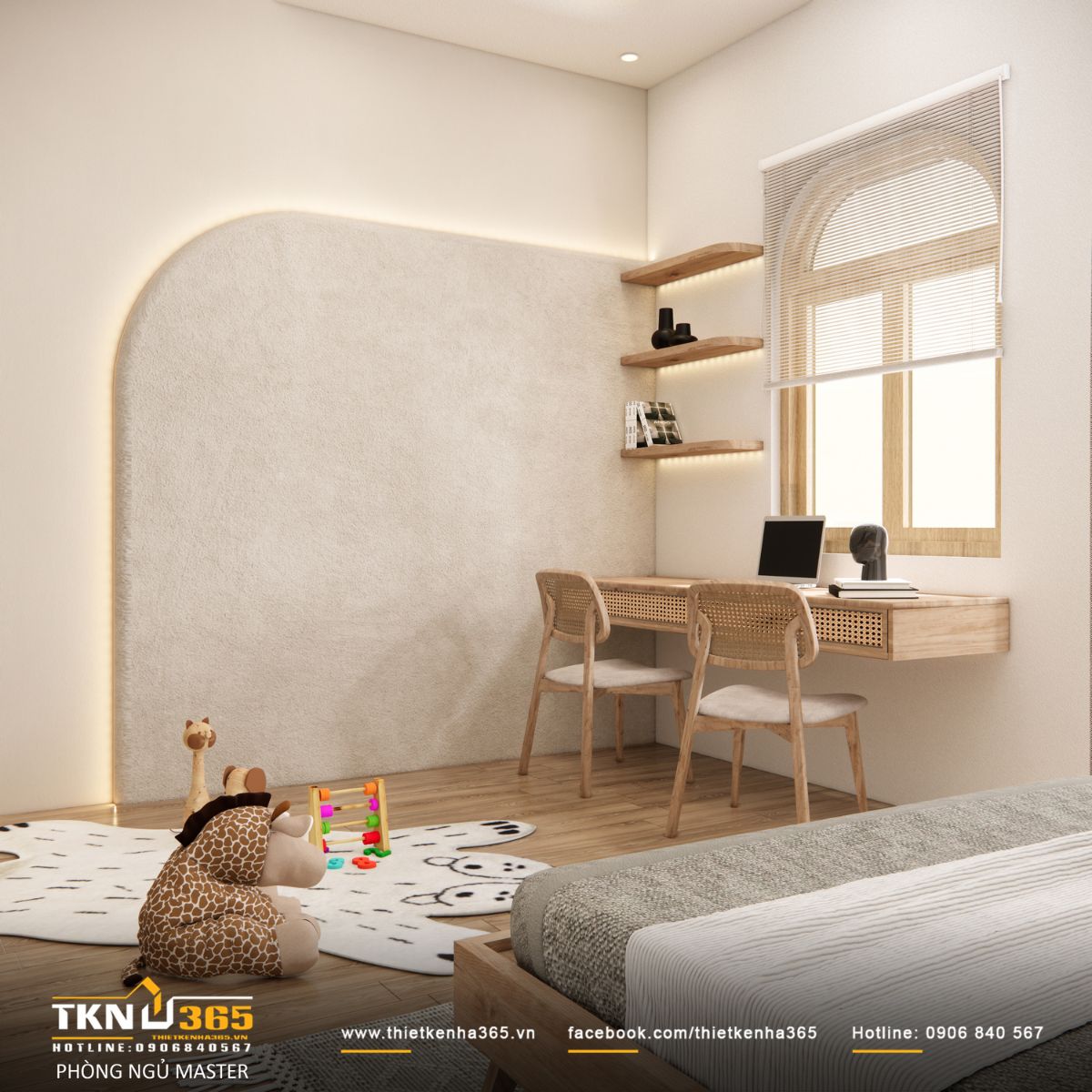 Góc làm việc nhỏ trong phòng ngủ master gọn gàng và riêng tư