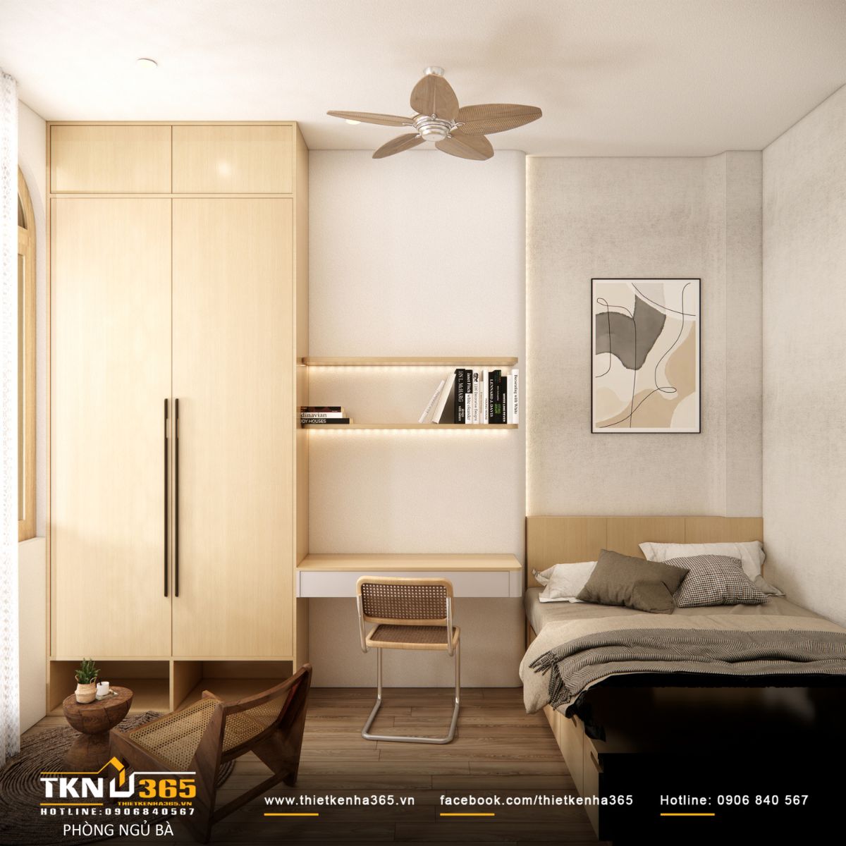 Phòng ngủ của bà toát lên vẻ đẹp giản dị, nhẹ nhàng nhờ nội thất gỗ sáng màu