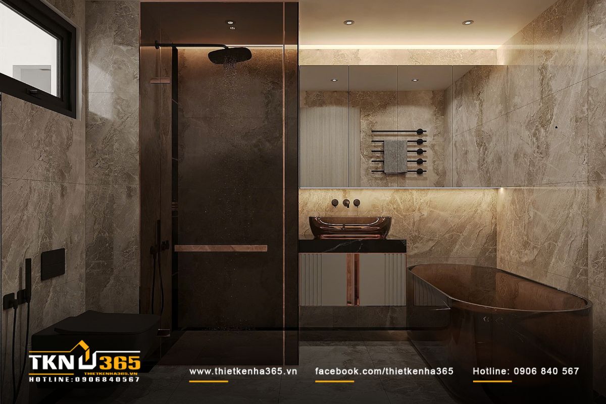 Buồng tắm kính trong suốt và bồn ngâm màu đồng ánh khói để gia chủ thoải mái thư giãn mỗi ngày