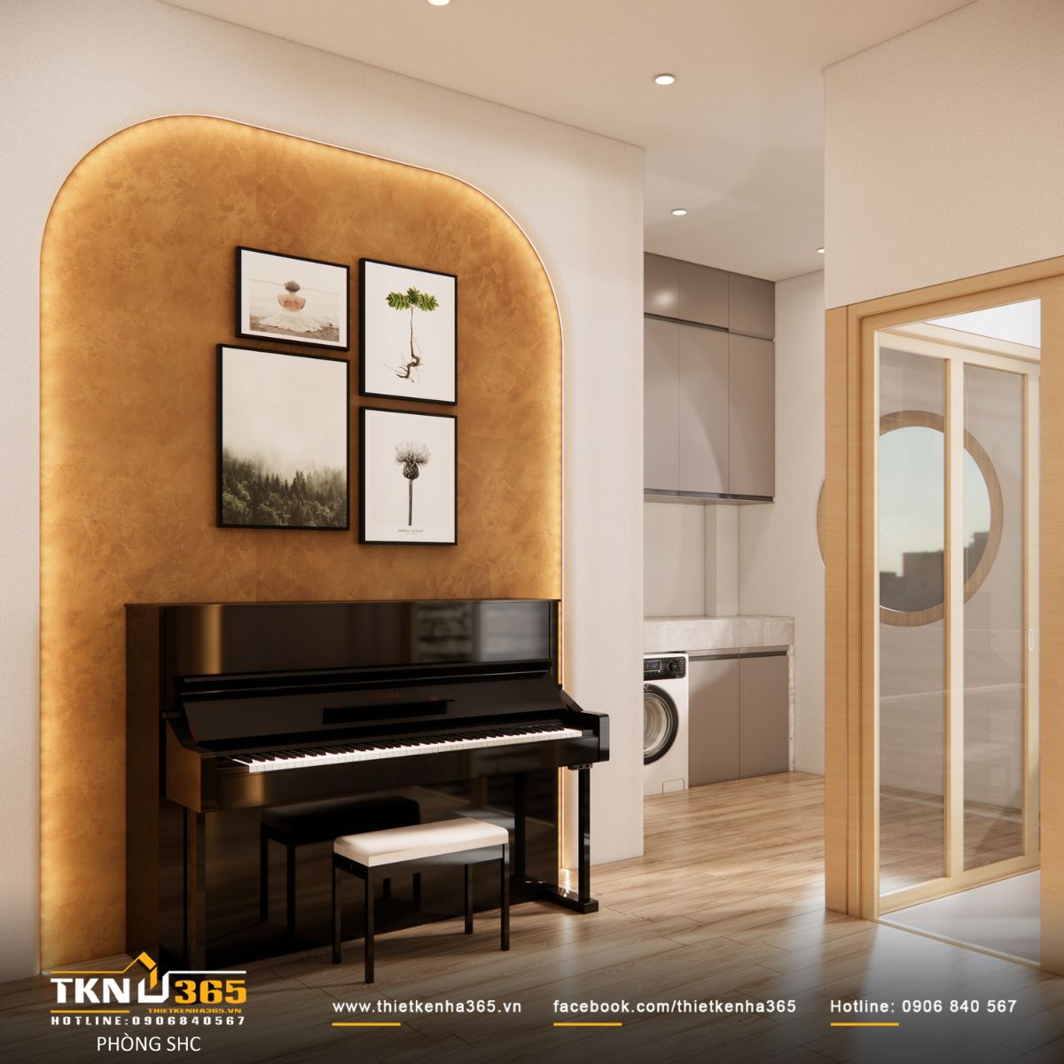 Phòng sinh hoạt chung kết hợp góc đàn piano, nơi âm nhạc kết nối cảm xúc của các thế hệ trong gia đình