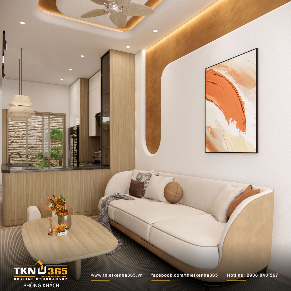 Phòng khách và phòng bếp bố trí liền kề, mở tầm nhìn rộng thoáng ra sân trong