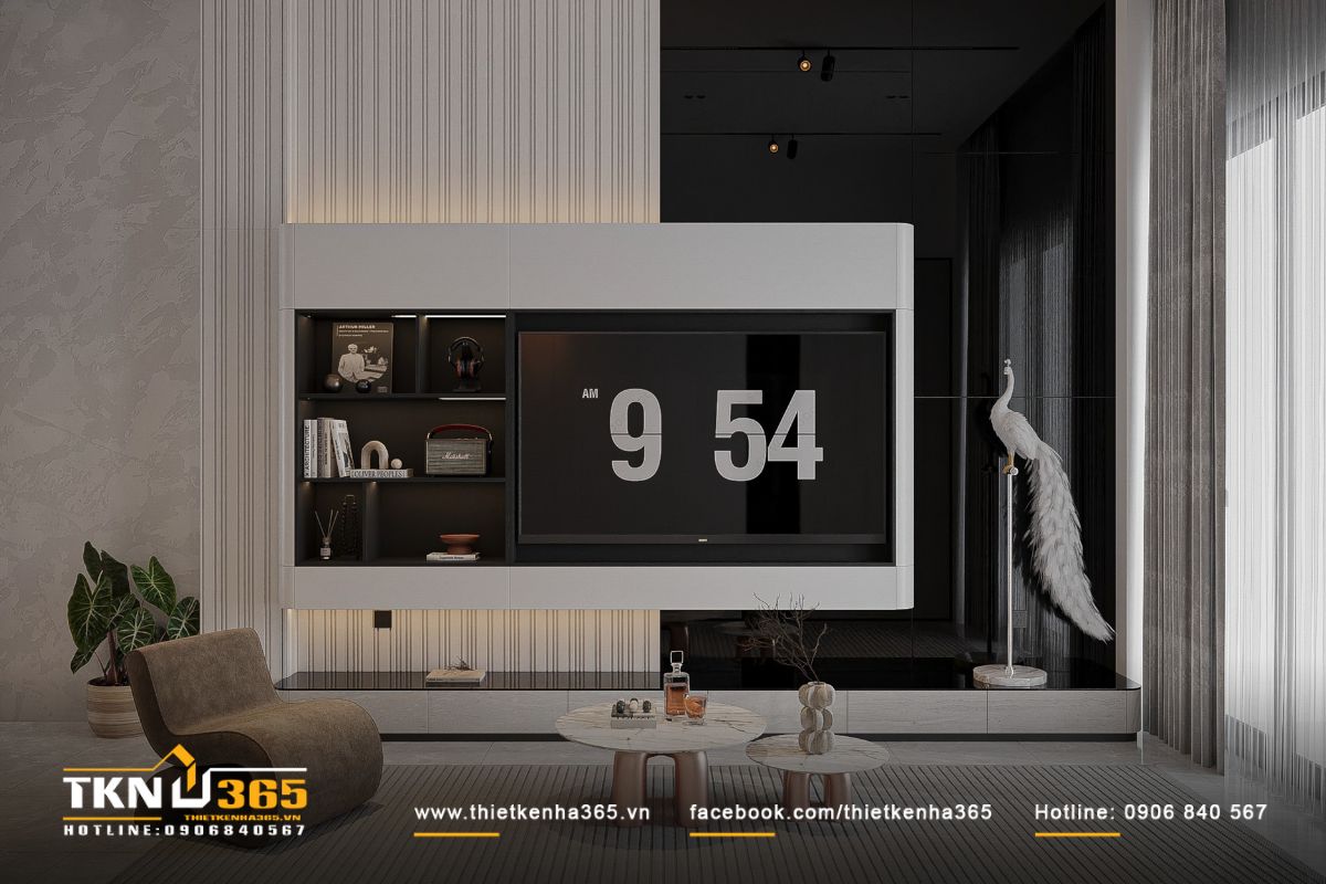 Hệ tủ tivi thiết kế đa năng với các hốc kệ âm tường, đảm bảo không gian lưu trữ gọn gàng