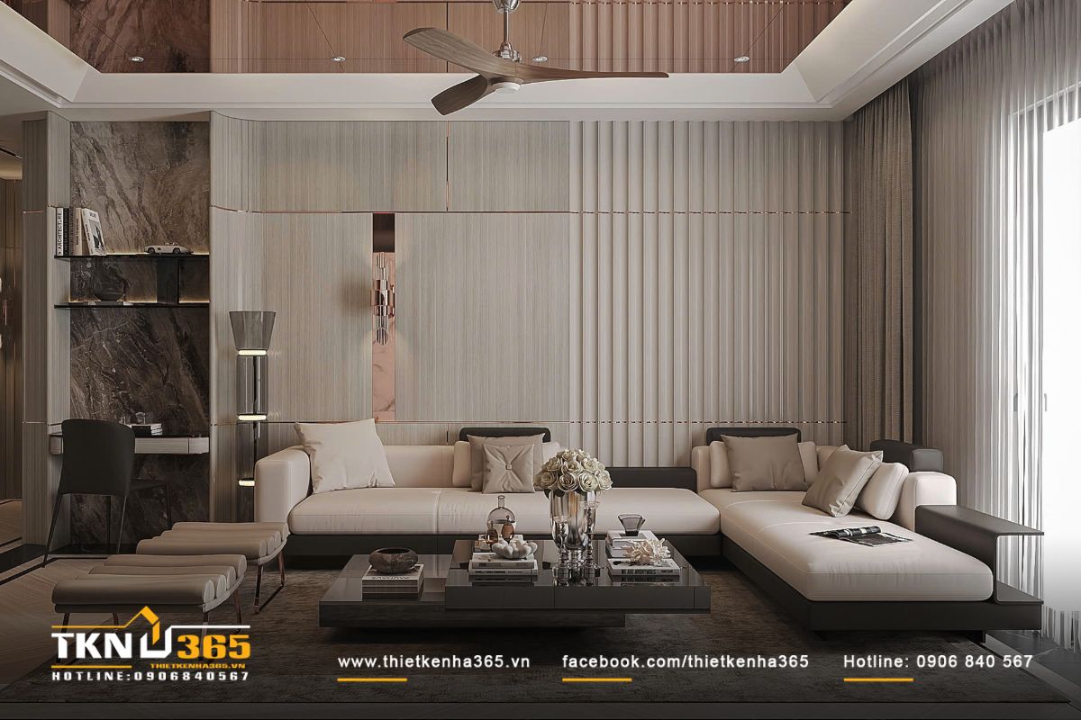 Màu sắc be và nâu chủ đạo kết hợp điểm nhấn ánh kim giúp không gian ấm áp và có chiều sâu