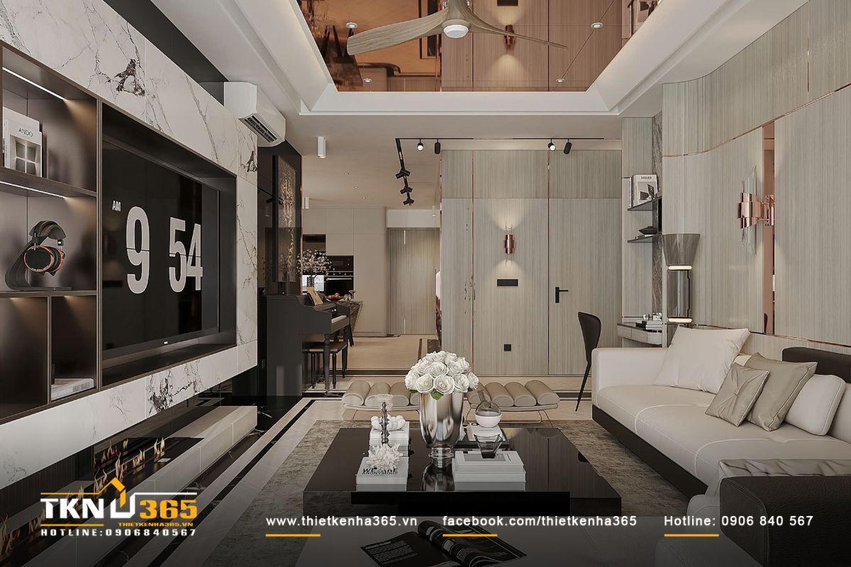 Từ phòng khách nhìn ra bếp - ăn, bố cục liền mạch và gọn gàng thể hiện cách tổ chức không gian linh hoạt, hướng đến lối sống hiện đại, tiện nghi