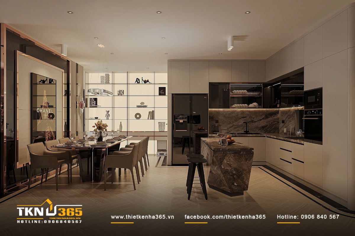 Không gian bếp - ăn bố trí liên thông, gam màu be và đá marble phối hợp hài hòa, phản chiếu ánh sáng ấm trên từng bề mặt