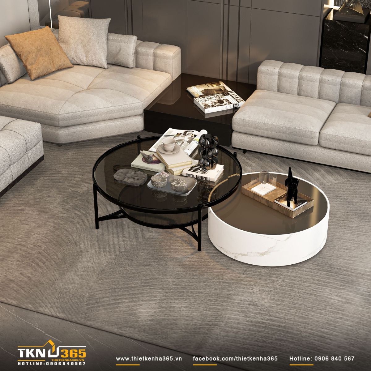 Bộ sofa khối mềm kết hợp bàn trà đôi mặt đá vân tự nhiên, tạo điểm nhấn hiện đại và ấm cúng