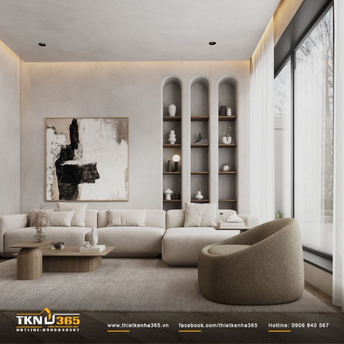 M&agrave;u sắc trắng - be chủ đạo kết hợp chất liệu gỗ v&agrave; vải th&ocirc;, l&agrave;m to&aacute;t l&ecirc;n bầu kh&ocirc;ng kh&iacute; ấm &aacute;p, gần gũi