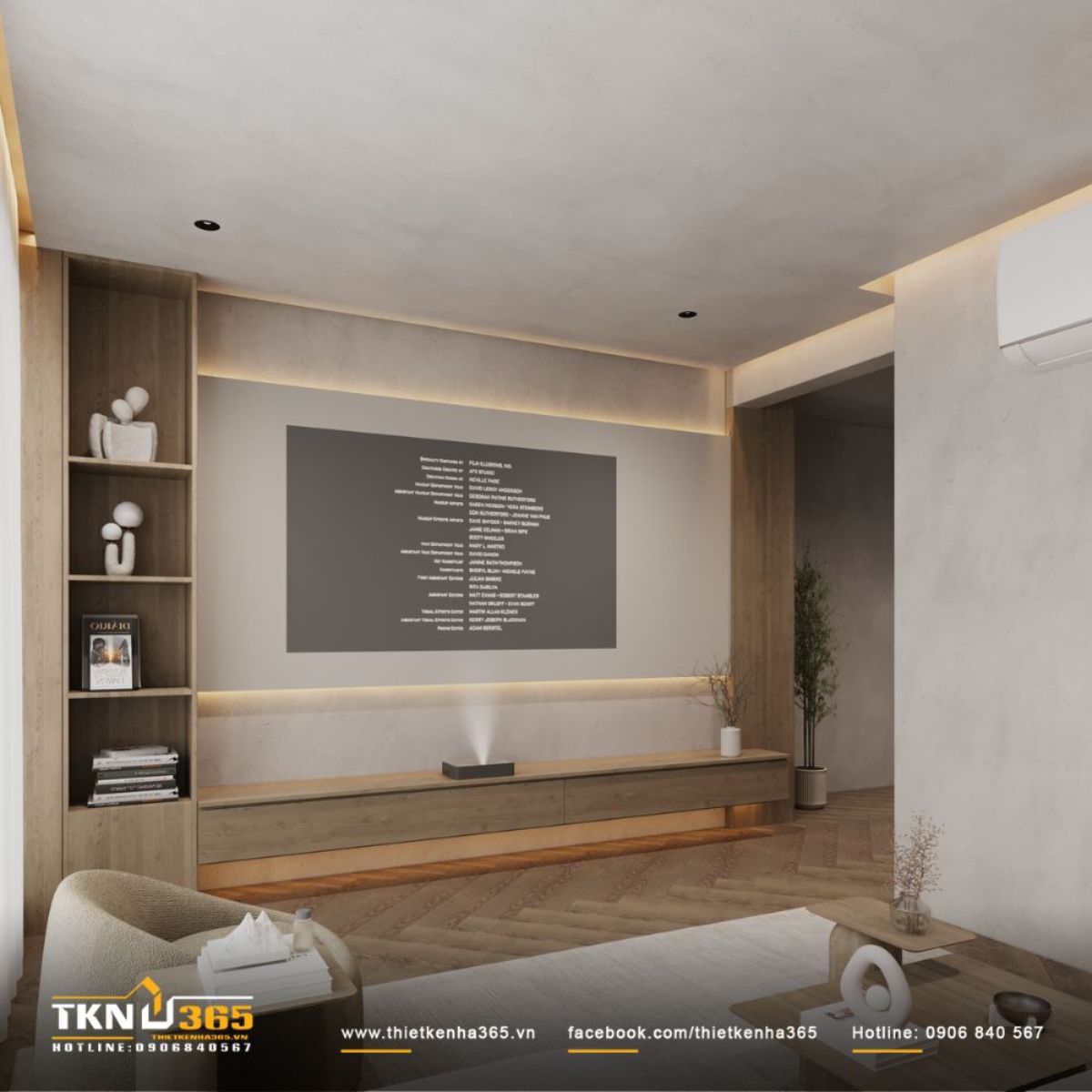 Kh&ocirc;ng gian nhẹ nh&agrave;ng, tinh tế với tường b&ecirc; t&ocirc;ng x&aacute;m mịn kết hợp kệ gỗ veneer v&agrave; đ&egrave;n hắt s&aacute;ng