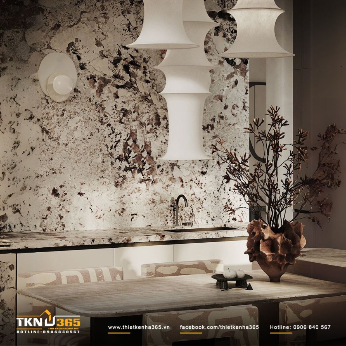 Sự kết hợp ăn &yacute;, nhịp nh&agrave;ng giữa chất liệu, m&agrave;u sắc, &aacute;nh s&aacute;ng gi&uacute;p bức tranh kh&ocirc;ng gian vừa sang trọng, hiện đại, vừa ấm &aacute;p, th&acirc;n thuộc