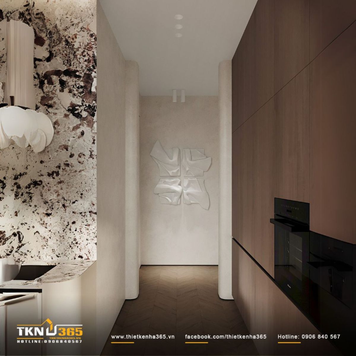 Hệ tủ bếp bằng gỗ thiết kế phẳng kh&ocirc;ng tay nắm, gi&uacute;p tối ưu diện t&iacute;ch hiệu quả cho kh&ocirc;ng gian nh&agrave; phố