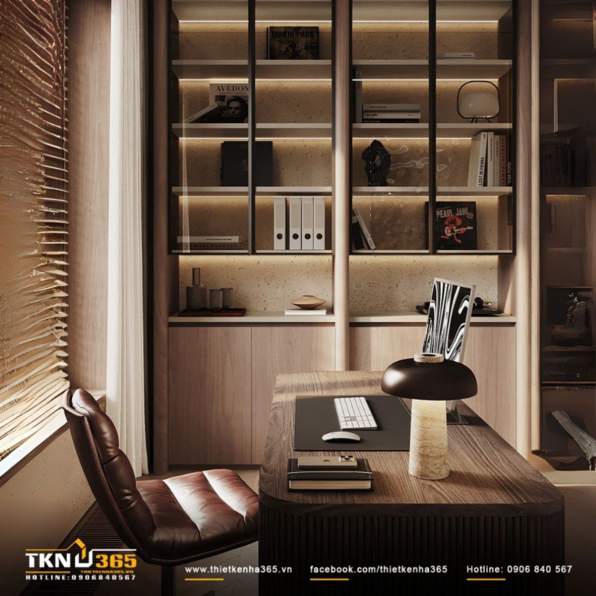 G&oacute;c l&agrave;m việc hiện đại với hệ tủ &acirc;m tường, kh&ocirc;ng gian kết hợp h&agrave;i h&ograve;a giữa &aacute;nh s&aacute;ng tự nhi&ecirc;n v&agrave; nh&acirc;n tạo