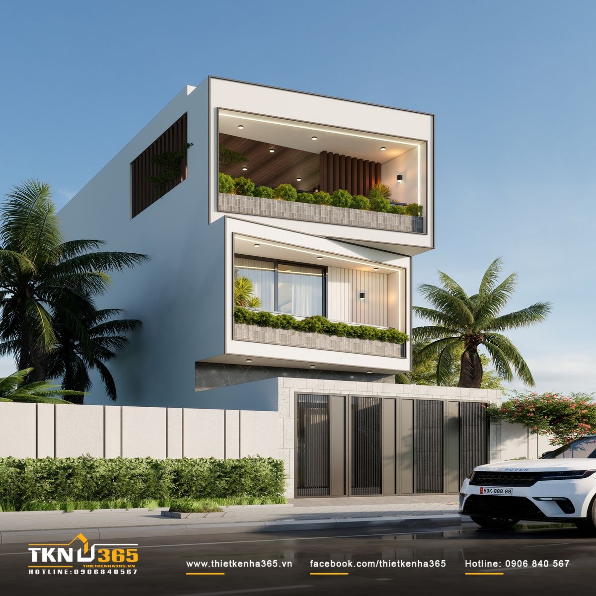 Các khối nhà xếp tầng một cách có chủ đích, tạo thành những góc nghiêng đẹp mắt cho nhà phố 3 tầng