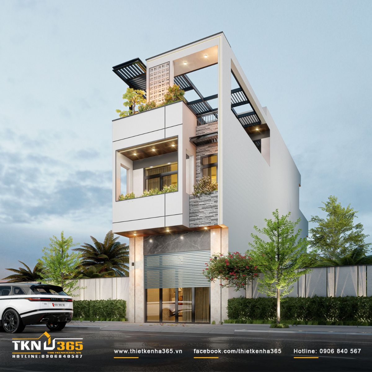 Ng&ocirc;i nh&agrave; g&acirc;y ấn tượng ngay từ mặt tiền với thiết kế h&igrave;nh khối vu&ocirc;ng vắn, đan xen c&ugrave;ng những khoảng xanh m&aacute;t mẻ