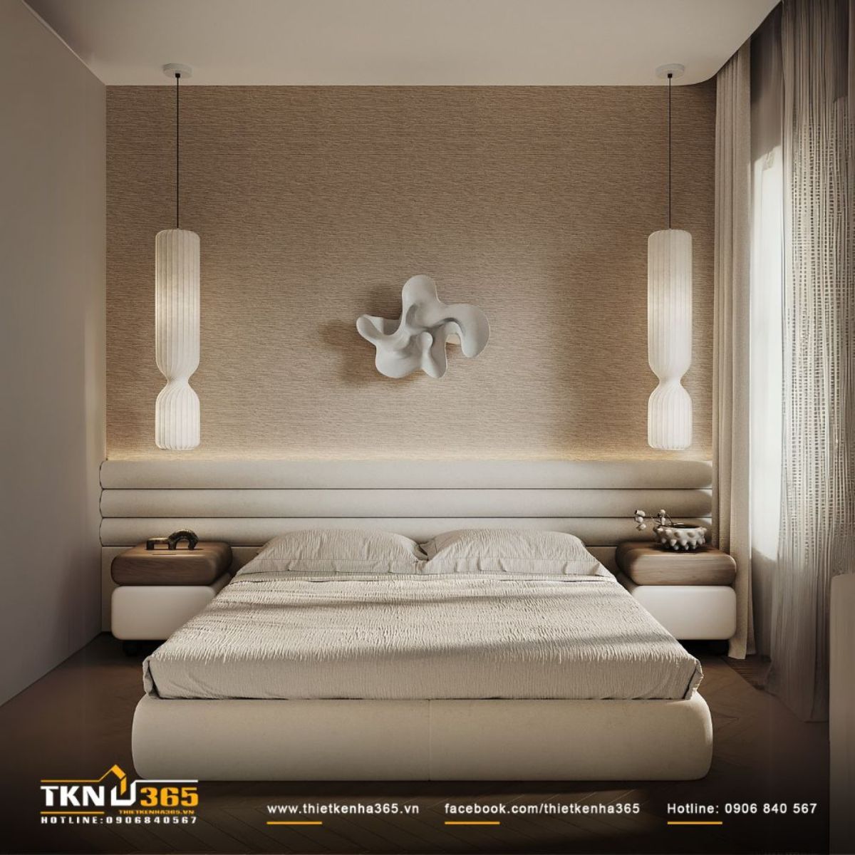 Ph&ograve;ng ngủ master trong nh&agrave; phố 3 tầng tối giản với bảng m&agrave;u trung t&iacute;nh, gợi cảm gi&aacute;c y&ecirc;n tĩnh v&agrave; c&acirc;n bằng