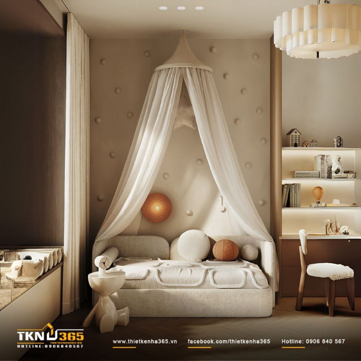 Ph&ograve;ng ngủ trẻ em ấm &aacute;p, nổi bật với m&agrave;n bu&ocirc;ng mềm mại v&agrave; &aacute;nh s&aacute;ng v&agrave;ng nhẹ