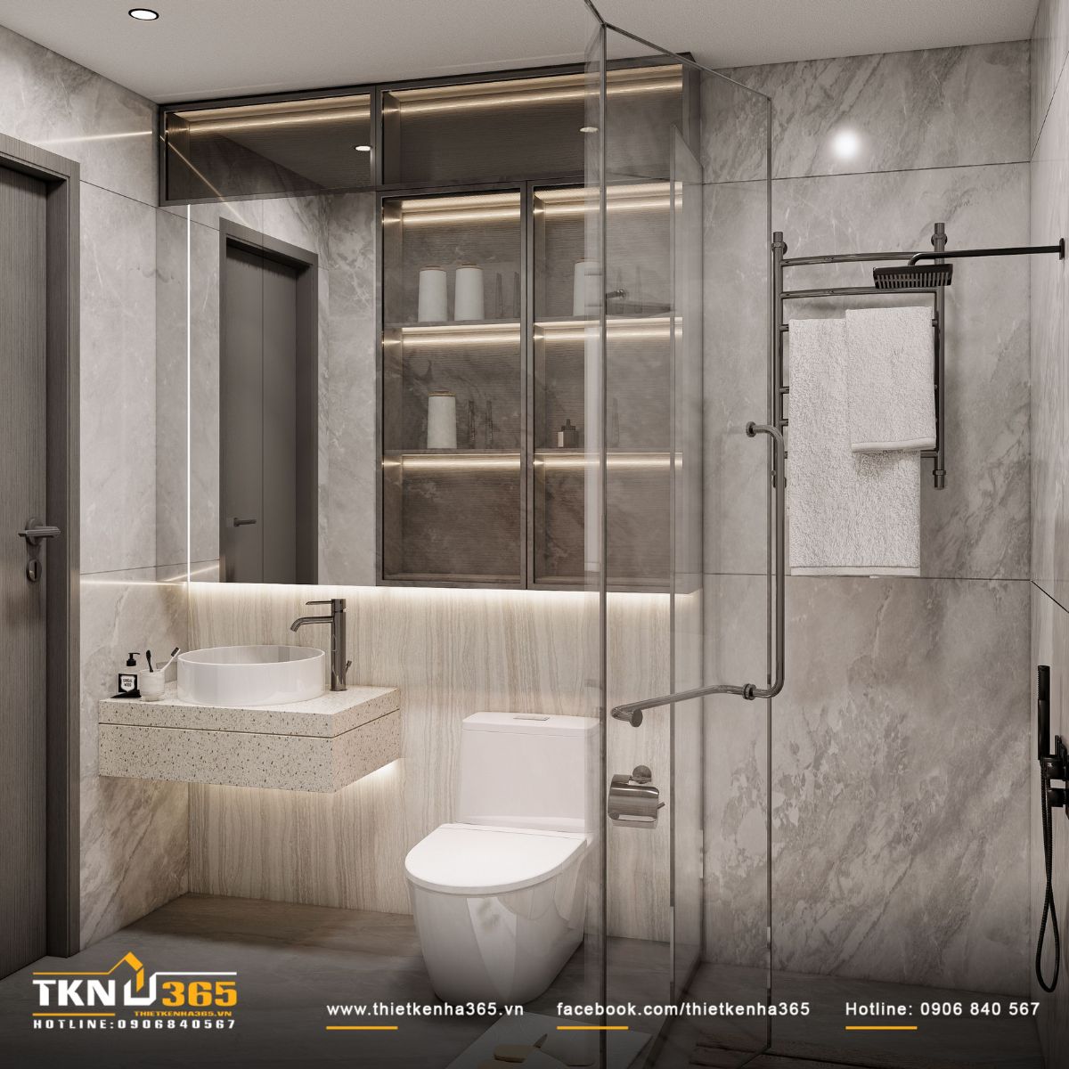 Buồng tắm kính trong suốt bố trí tách biệt khô - ướt, đảm bảo công năng và tính thẩm mỹ