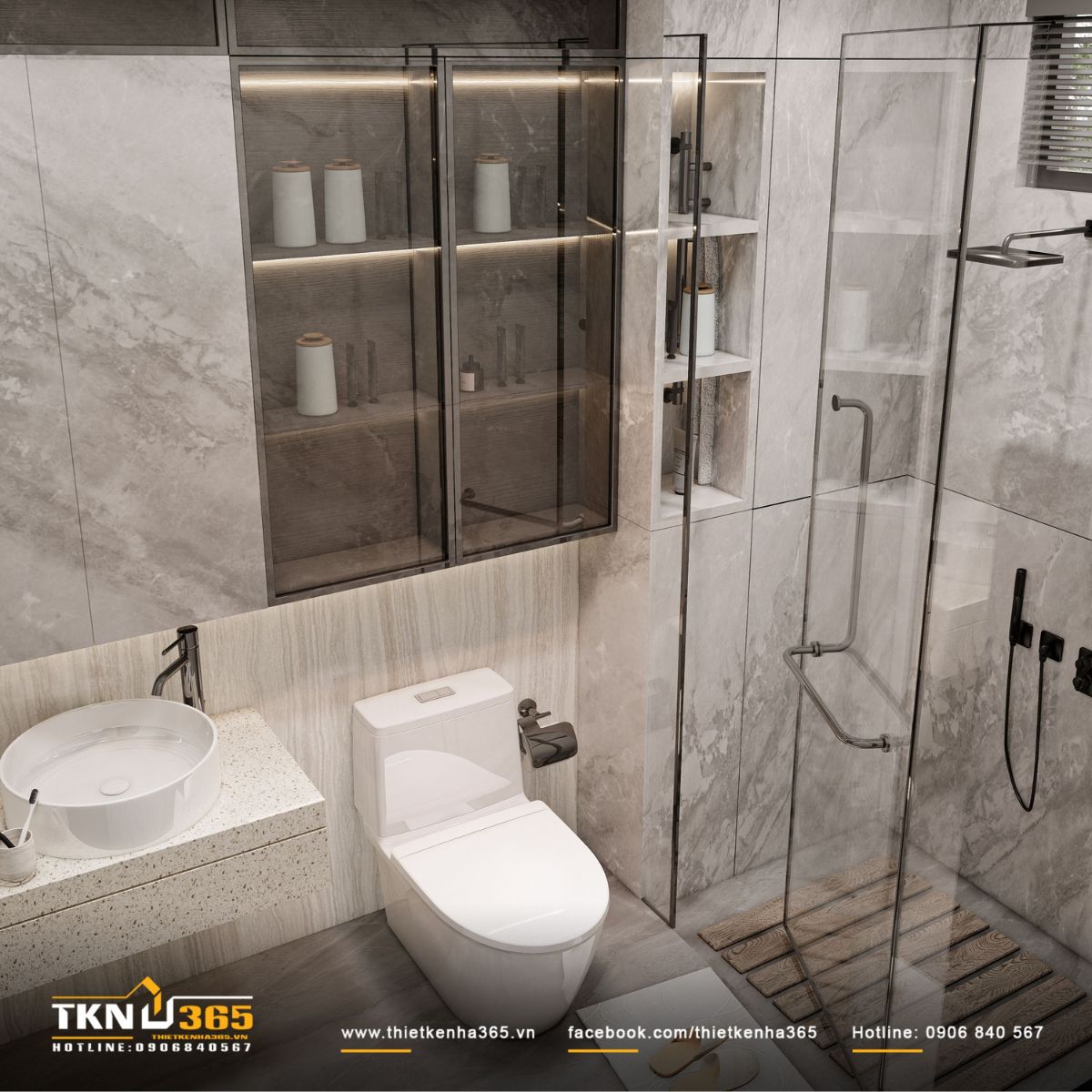 Hệ tủ âm tường có đèn viền, vừa tối ưu lưu trữ vừa tạo điểm nhấn hiện đại cho tổng thể thiết kế